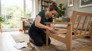 DIY enthusiast assembling furniture using a tool from a craftsman vs husky wrench set.
