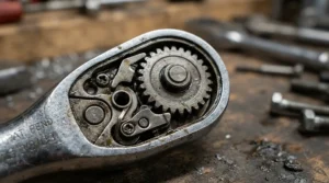 Detailed view of the gear teeth inside a ratchet handle from a craftsman vs husky wrench set.