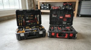 Molded plastic storage cases holding a craftsman vs husky wrench set on a concrete floor.
