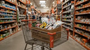 Shopping cart containing a budget-friendly craftsman vs husky wrench set at a hardware store.