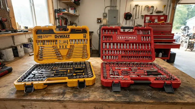 A craftsman vs husky wrench set laid out side by side on a wooden workbench in a garage.