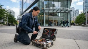 An apprentice inspecting an insulated screwdriver set for electricians prior to a commercial wiring project.