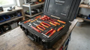 Dielectric-rated tools including an insulated screwdriver set for electricians on a job site.