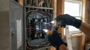 An insulated screwdriver set for electricians being used during a residential electrical panel repair.