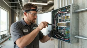 A professional electrician utilizing an insulated screwdriver set for electricians during safe live wire work.