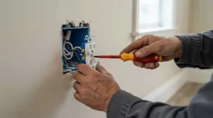 Tightening wall receptacle screws using an insulated screwdriver set for electricians in a residential room.