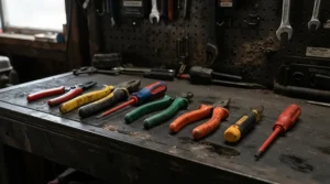 A high-grade VDE rated insulated screwdriver set for electricians resting on a modern workbench.