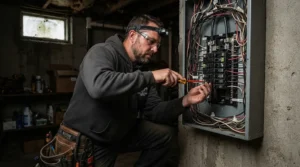 An electrician using a piece from the klein tools vs craftsman screwdriver set on a service panel