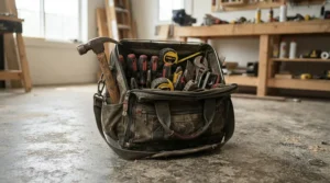 A contractor packing a klein tools vs craftsman screwdriver set into a heavy-duty canvas tool bag