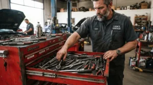 A mechanic sorting through a klein tools vs craftsman screwdriver set inside a rolling tool cabinet