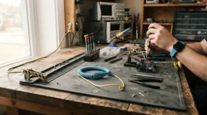 An anti-static wrist strap and precision screwdriver set for electronics arranged safely on a workbench.