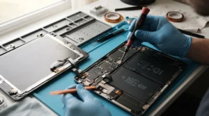 A precision screwdriver set for electronics being used to disconnect an internal tablet battery.