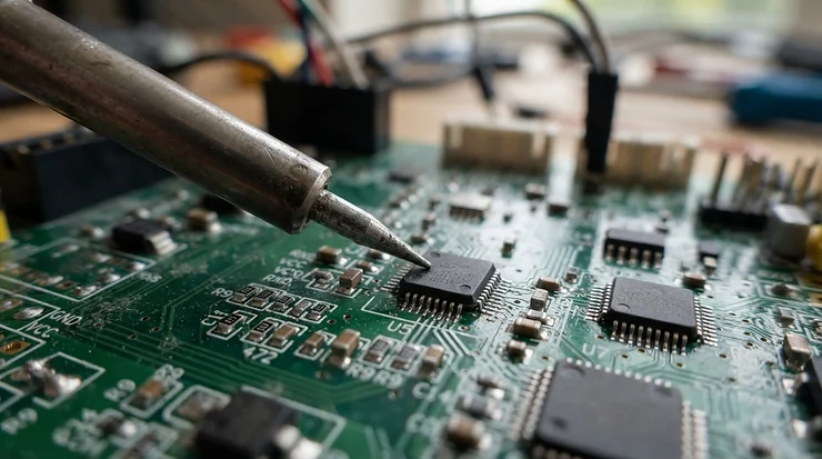 Detailed view of a precision screwdriver set for electronics working on a delicate circuit board.