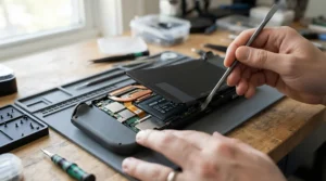 A technician using a precision screwdriver set for electronics to open a handheld gaming device.