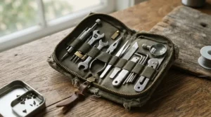 A compact mini precision screwdriver set for electronics laid out neatly for portable gadget maintenance.