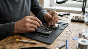 A precision screwdriver set for electronics used to fix a cracked smartphone screen on a workbench.