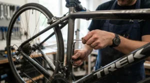 A cyclist adjusting a tight water bottle cage mount using a ratcheting screwdriver set for tight spaces.