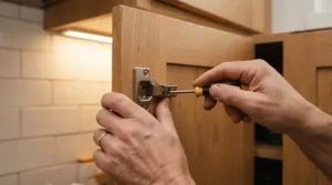 A technician using a ratcheting screwdriver set for tight spaces to fix a loose cabinet hinge in a modern kitchen.
