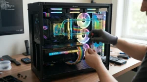 A DIY enthusiast using a ratcheting screwdriver set for tight spaces to tighten a motherboard screw inside a custom PC rig.
