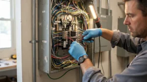 An electrician using a ratcheting screwdriver set for tight spaces inside a crowded residential electrical junction box.