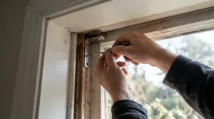 An installer mounting window blind brackets inside a narrow window frame using a ratcheting screwdriver set for tight spaces.