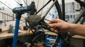 Adjusting components on a bicycle frame with a lightweight ratcheting wrench set for tight spaces