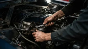 A mechanic using a ratcheting wrench set for tight spaces inside a crowded car engine bay
