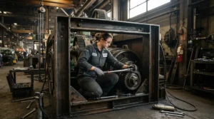 Technician maintaining factory equipment with a heavy-duty ratcheting wrench set for tight spaces
