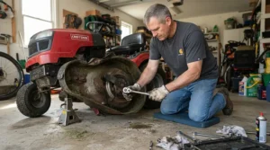 Repairing a small engine using a durable ratcheting wrench set for tight spaces