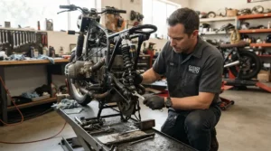 Using a low-profile ratcheting wrench set for tight spaces on a custom motorcycle frame