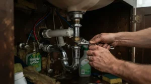 Professional plumber using a ratcheting wrench set for tight spaces beneath a bathroom sink