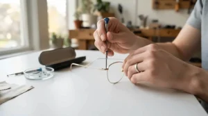 Close-up of a person using a screwdriver set for eyeglass repair to tighten a loose frame temple.