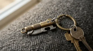 A compact keychain screwdriver set for eyeglass repair attached to car keys for emergency fixes.