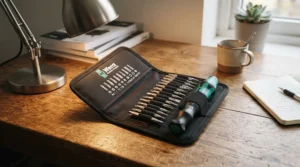 A comprehensive screwdriver set for eyeglass repair laid out neatly on a wooden home office desk.