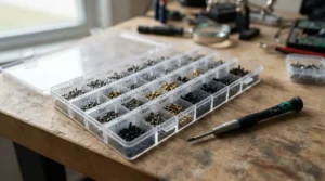 A specialized screwdriver set for eyeglass repair featuring an assortment of tiny replacement screws.
