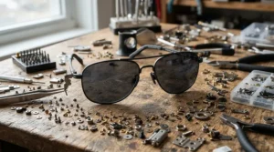 Using a screwdriver set for eyeglass repair to replace a tiny hinge screw on designer sunglasses.