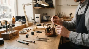 An organized workbench featuring a professional screwdriver set for eyeglass repair and delicate frames.