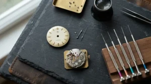 Precision tools from a screwdriver set for watch repair resting beside a watch dial.