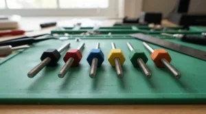 Detailed view of interchangeable tips from a screwdriver set for watch repair on a clean mat.