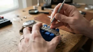 Using a screwdriver set for watch repair to adjust links on a metallic bracelet strap.
