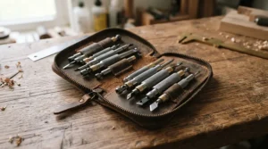 A compact leather case holding a portable screwdriver set for watch repair on a wooden desk.