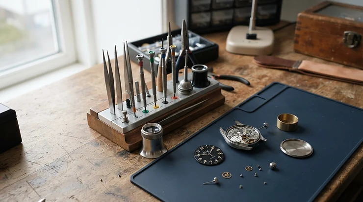 A comprehensive screwdriver set for watch repair sitting on a horology workbench with magnifying gear.