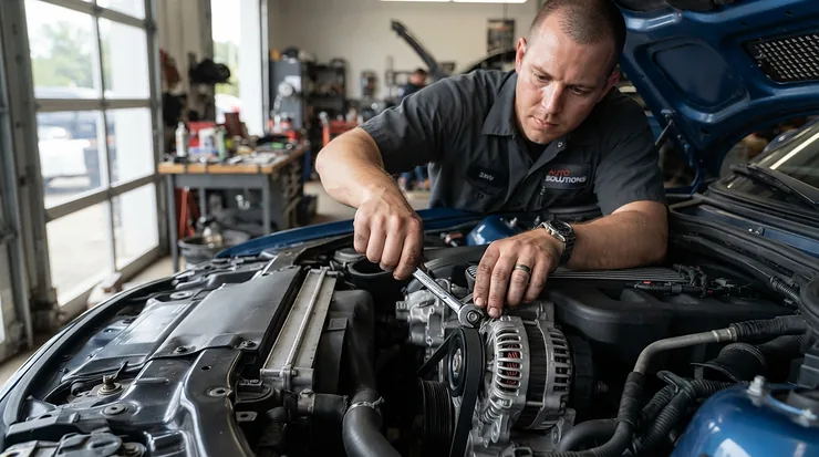 Unbolting an alternator with a reliable stubby wrench set for engine bays.