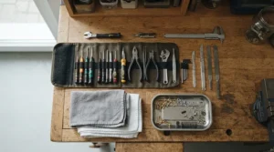Laying out a complete stubby wrench set for engine bays on a clean workshop workbench.