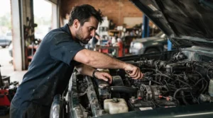 A mechanic demonstrating a short handle wrench set as part of a stubby wrench set for engine bays.