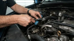 A mechanic using a stubby wrench set for engine bays to reach tight spark plug wells.