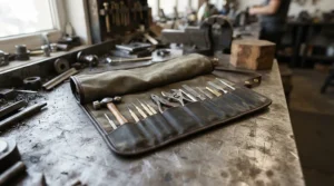 A rolled-up storage pouch containing a professional stubby wrench set for engine bays.