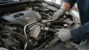 Reaching deep coolant hoses with a specialized stubby wrench set for engine bays.