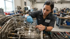 Working around complex turbocharger plumbing using a stubby wrench set for engine bays.