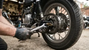 Using a wrench set for motorcycle repair to tighten the rear axle nut during a chain adjustment.